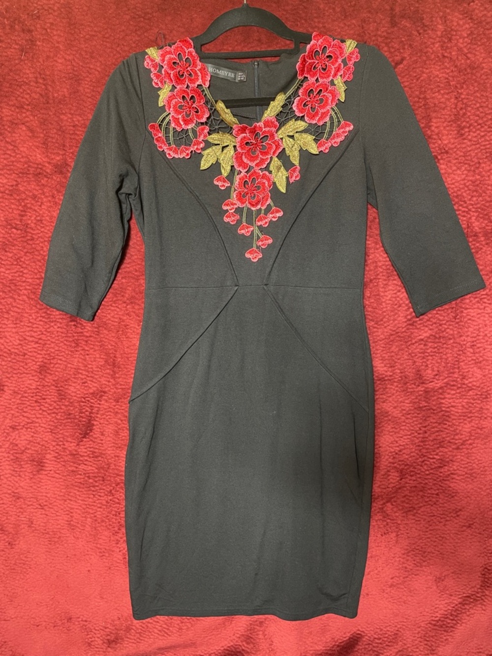 Embroidered Red Floral Rose 3/4 Sleeve V-Neck Black Dress, Semi-Formal, 8